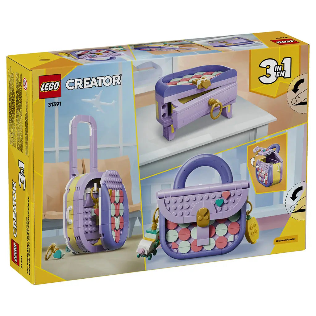LEGO Creator Fashion Bag 31391 package back in yellow and pastel tones, showing 3-in-1 builds of a lavender handbag, tall bag and storage chest with decorative charms.