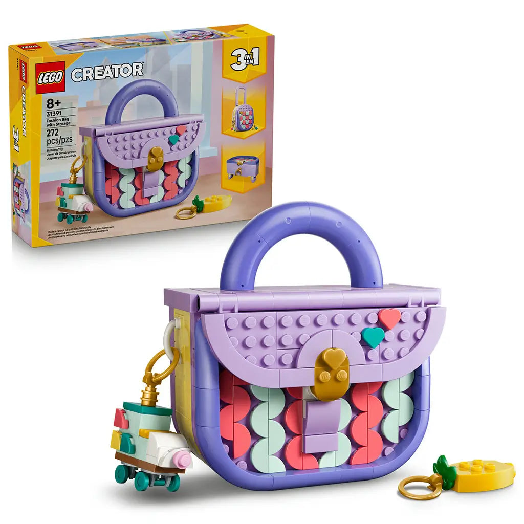 LEGO Creator Fashion Bag 31391 in lavender, purple, coral and mint plastic, displayed with its retail box, gold clasp, heart accents, roller skate charm and yellow key charm.
