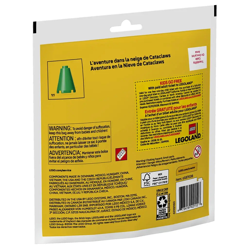 LEGO Creator Cataclaws Snow Adventure package back in yellow and white printed material, rectangular retail pouch format displaying set details, safety information and promotional graphics on a plain backdrop.
