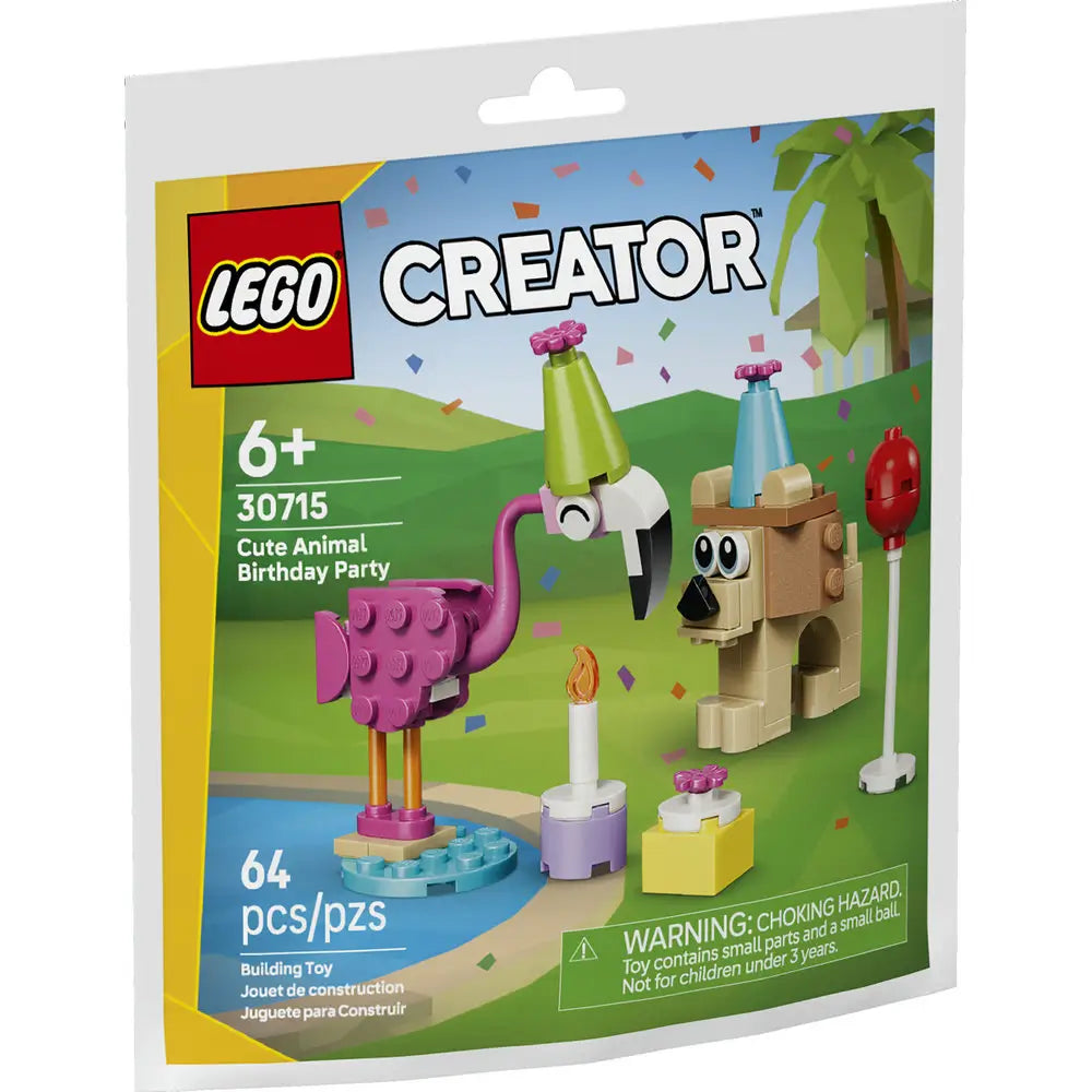 LEGO Creator Cute Animal Birthday Party set packaging in green, yellow, and blue cardboard, showing the flamingo and bear characters celebrating with accessories, LEGO Creator branding, age 6 plus label, piece count, and safety warning on the front panel.