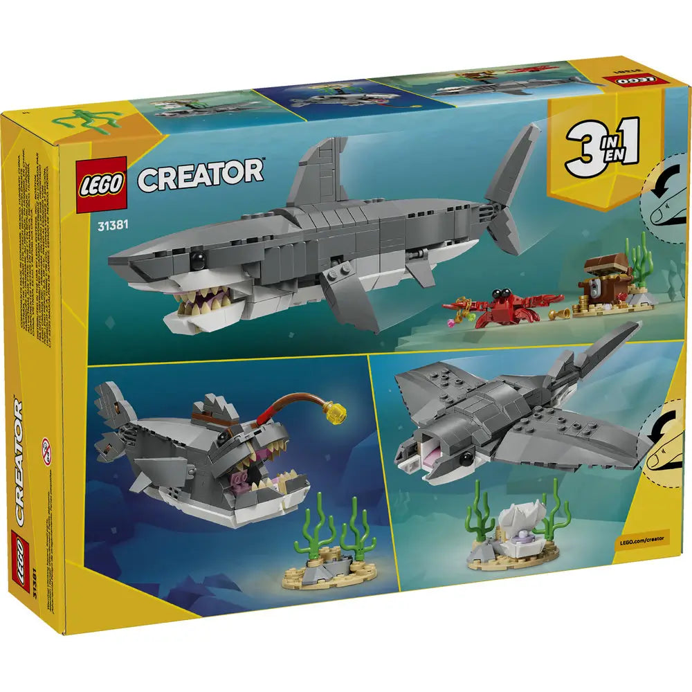 LEGO Creator Fierce Shark package back showing three build options including a shark, angler fish, and ray, all made from gray plastic bricks and presented in illustrated underwater environments.