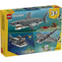 LEGO Creator Fierce Shark package back showing three build options including a shark, angler fish, and ray, all made from gray plastic bricks and presented in illustrated underwater environments.