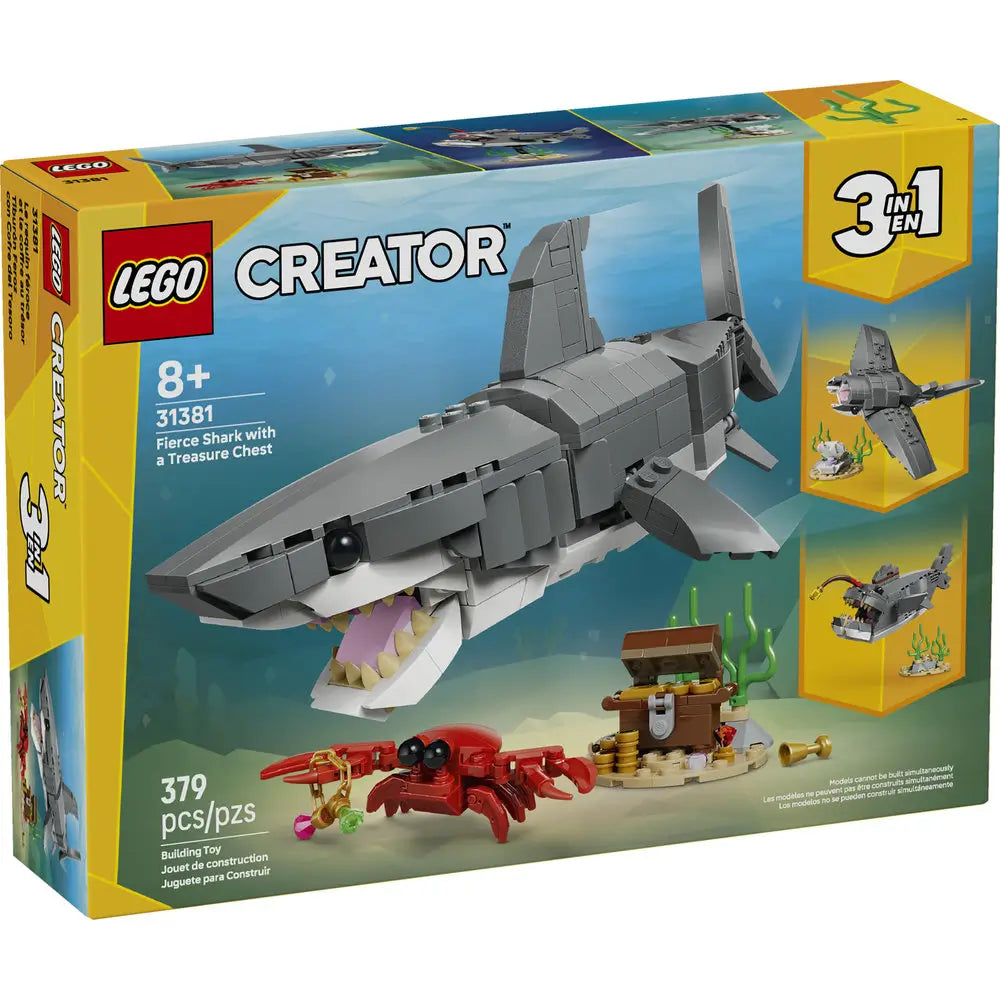 LEGO Creator Fierce Shark box front showing a gray brick-built shark with smooth plastic texture, sharp teeth, streamlined fins, and underwater accessories illustrated on bright yellow and blue retail packaging.