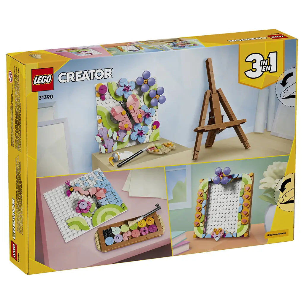 LEGO Creator Floral Art 31390 package back in yellow and pastel tones, showing 3-in-1 builds of a flower painting on an easel, floral picture frame and bird artwork.