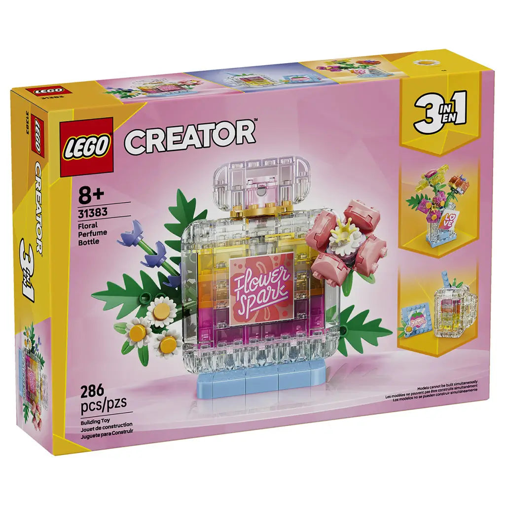 LEGO Creator 3-in-1 set 31383 box front in pink and yellow shows the clear plastic brick Floral Perfume Bottle with pink flowers, green leaves, and blue base.