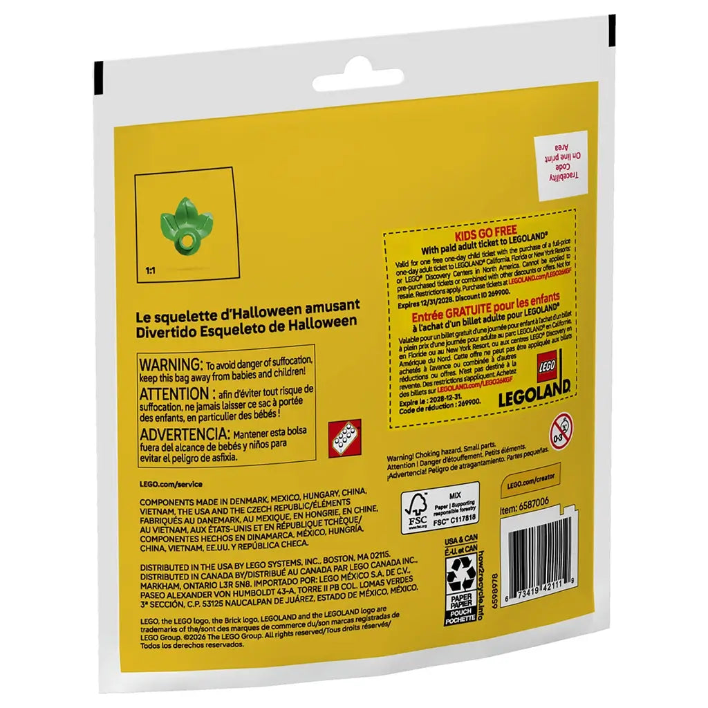 LEGO Creator Halloween skeleton package back in yellow printed material, rectangular retail pouch format showing set information, safety details, promotional offer graphics and product reference content.