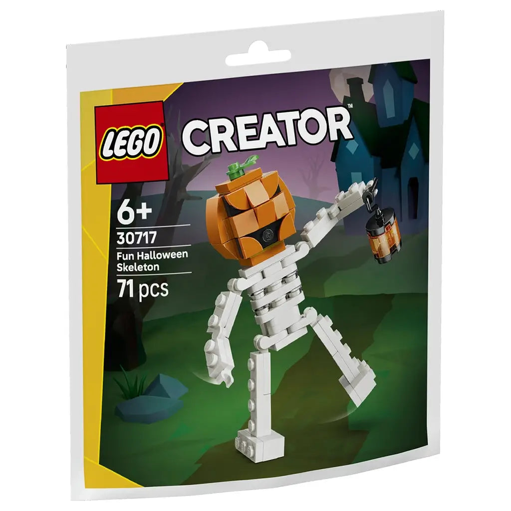 LEGO Creator Halloween skeleton building set in orange, white, black and green plastic bricks, shaped as a pumpkin-headed skeleton holding a lantern, displayed on festive retail pouch artwork with a spooky night backdrop.