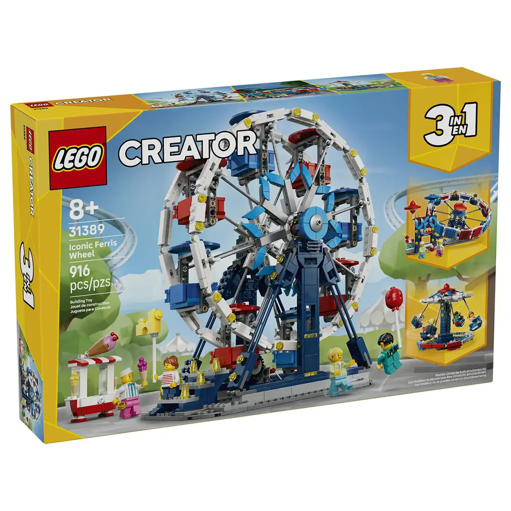 LEGO Creator Iconic Ferris Wheel 31389 box in yellow and blue, showing the 916-piece 3-in-1 amusement park set with Ferris wheel, ticket stand and five minifigures.