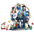 LEGO Creator Iconic Ferris Wheel 31389 in white, blue and red plastic, featuring a large wheel with passenger gondolas, ticket stand and five minifigures on white.