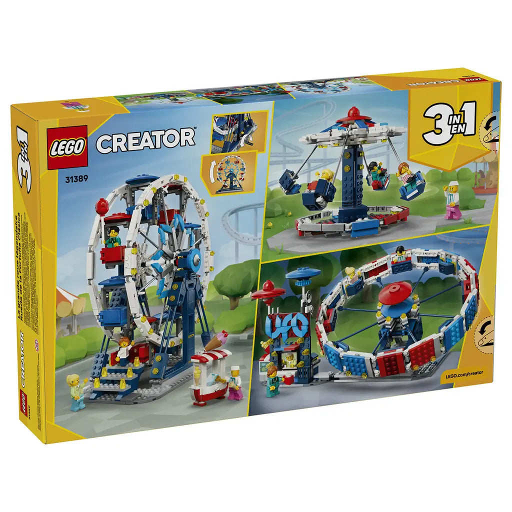 LEGO Creator Iconic Ferris Wheel 31389 package back in yellow and blue, showing three 3-in-1 amusement park builds: a Ferris wheel, swing ride and circular ride.