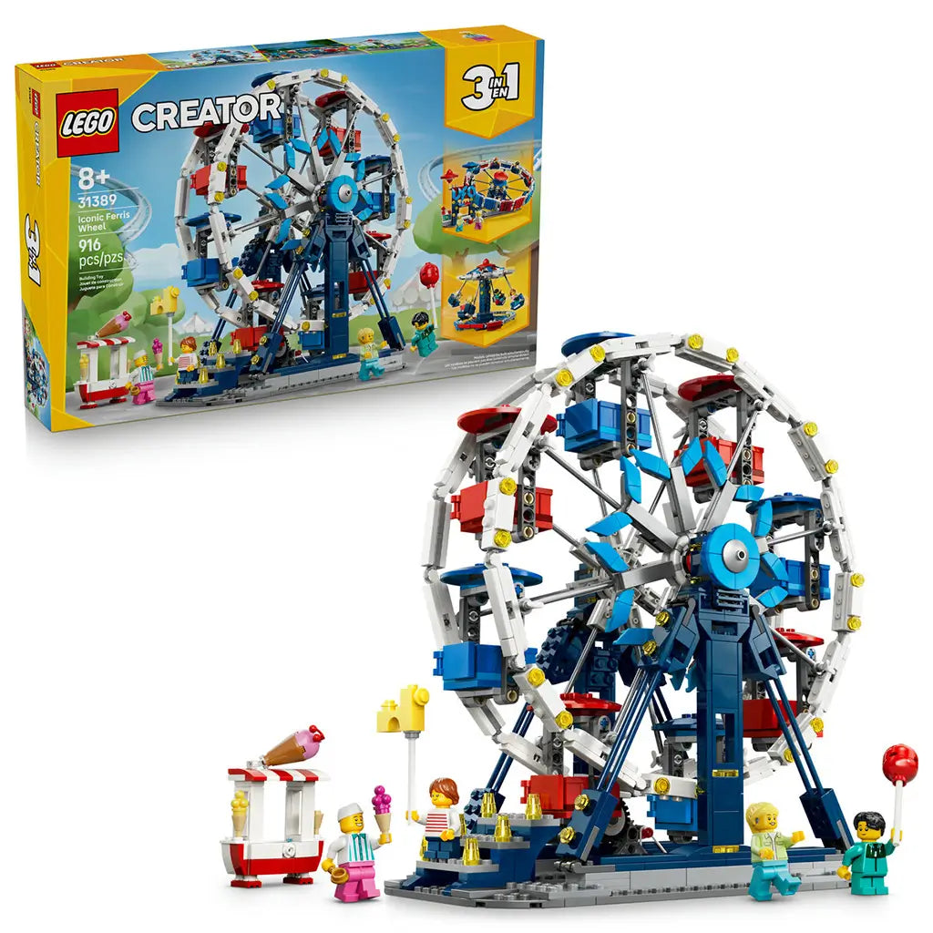 LEGO Creator Iconic Ferris Wheel 31389 in white, blue and red plastic, displayed with its retail box, passenger gondolas, ticket stand and five minifigures on white.