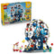 LEGO Creator Iconic Ferris Wheel 31389 in white, blue and red plastic, displayed with its retail box, passenger gondolas, ticket stand and five minifigures on white.