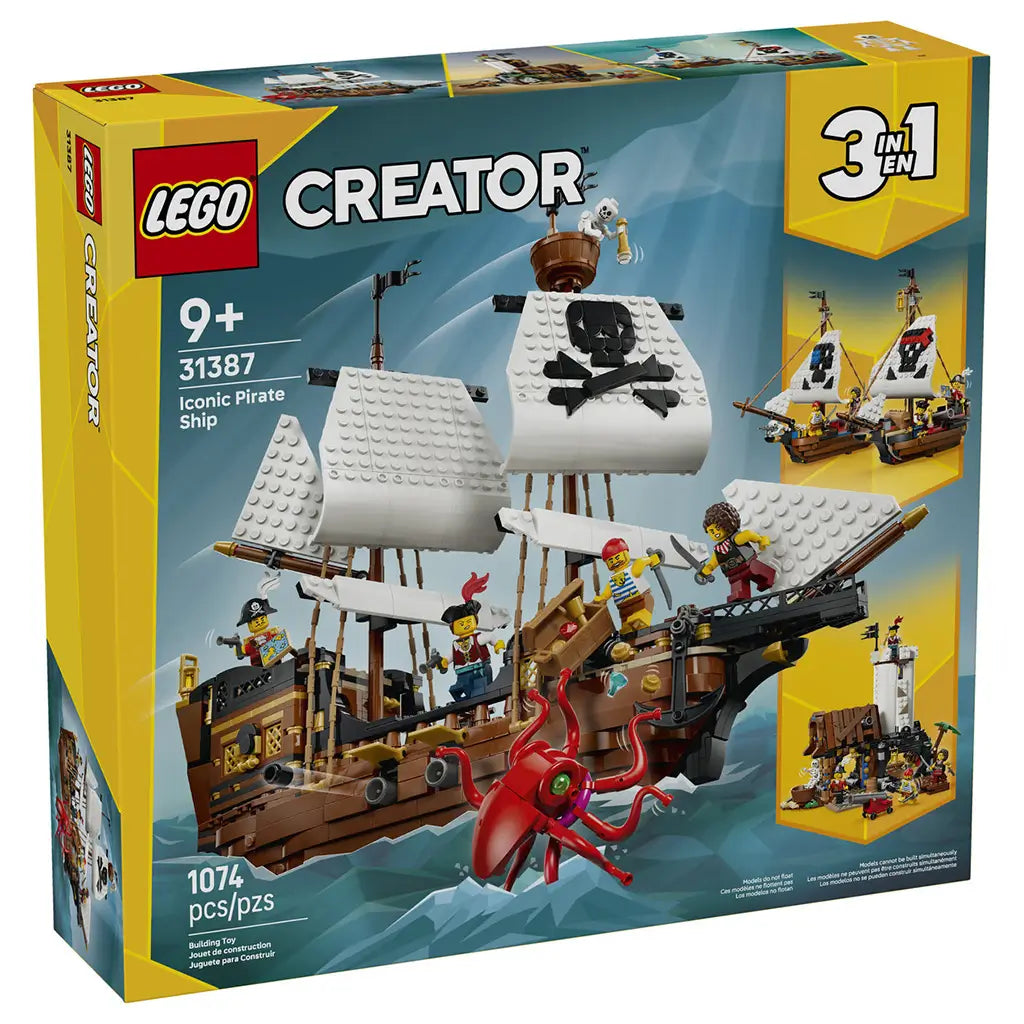 LEGO Creator Iconic Pirate Ship 31387 box in yellow and teal, showing the 1,074-piece brown ship with white sails, pirate minifigures and a red sea monster.