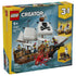 LEGO Creator Iconic Pirate Ship 31387 box in yellow and teal, showing the 1,074-piece brown ship with white sails, pirate minifigures and a red sea monster.