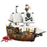 LEGO Creator Iconic Pirate Ship 31387 in brown, white and black plastic, featuring large white sails, a skull emblem, pirate minifigures and red sea monster on white.