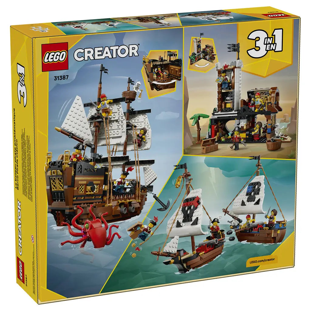 LEGO Creator Iconic Pirate Ship 31387 package back in yellow and blue, showing the brown ship with white sails plus two alternate 3-in-1 pirate-themed builds.