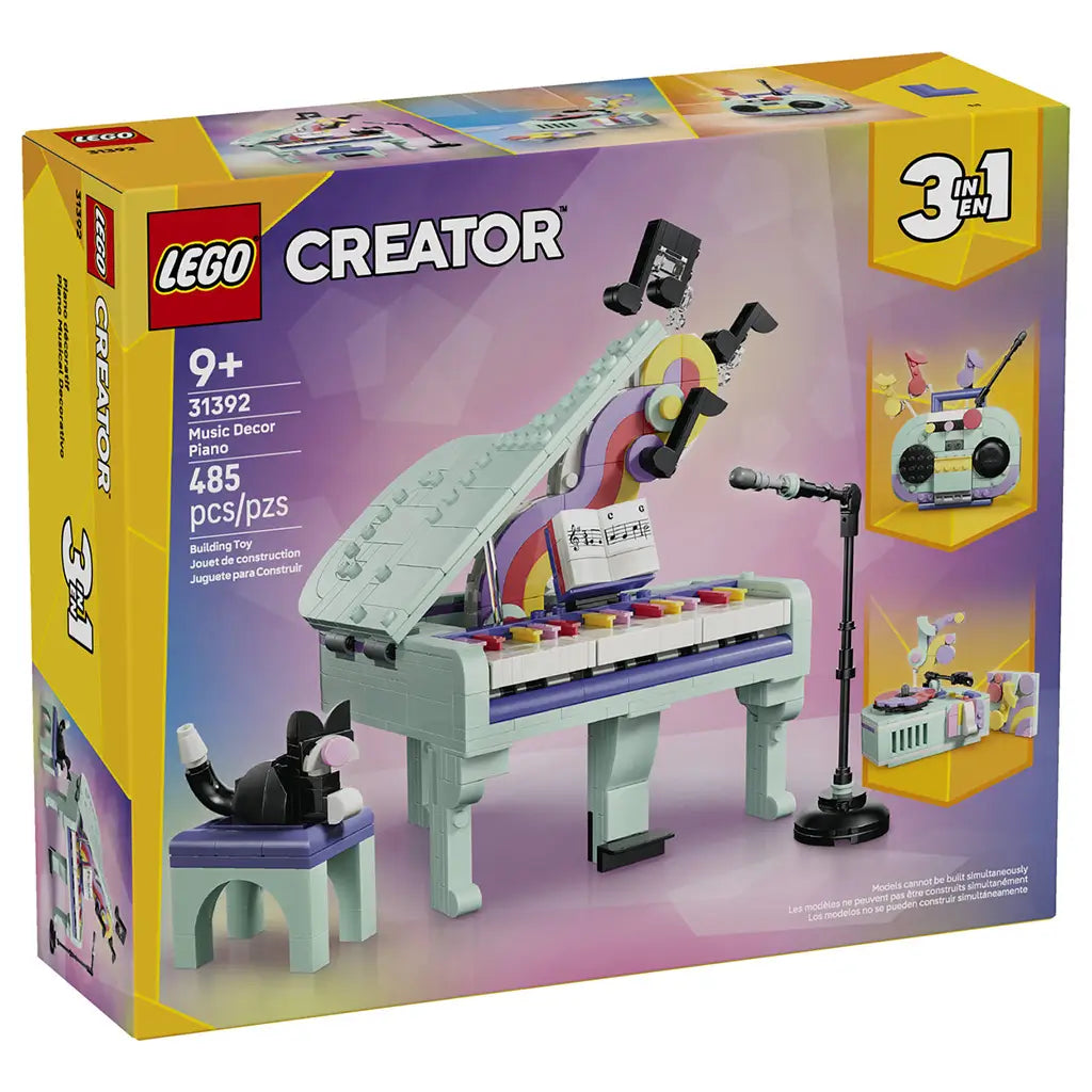 LEGO Creator Music Decor Piano 31392 box in yellow and pastel purple, showing the 485-piece 3-in-1 mint grand piano with black cat, stool, microphone and alternate builds.