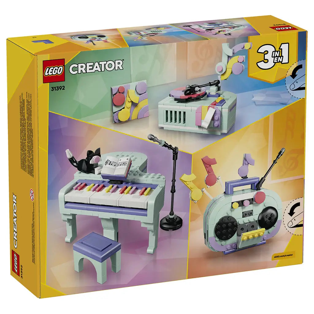 LEGO Creator Music Decor Piano 31392 package back in yellow and pastel tones, showing 3-in-1 builds of a mint piano, boombox and record player with music decor.