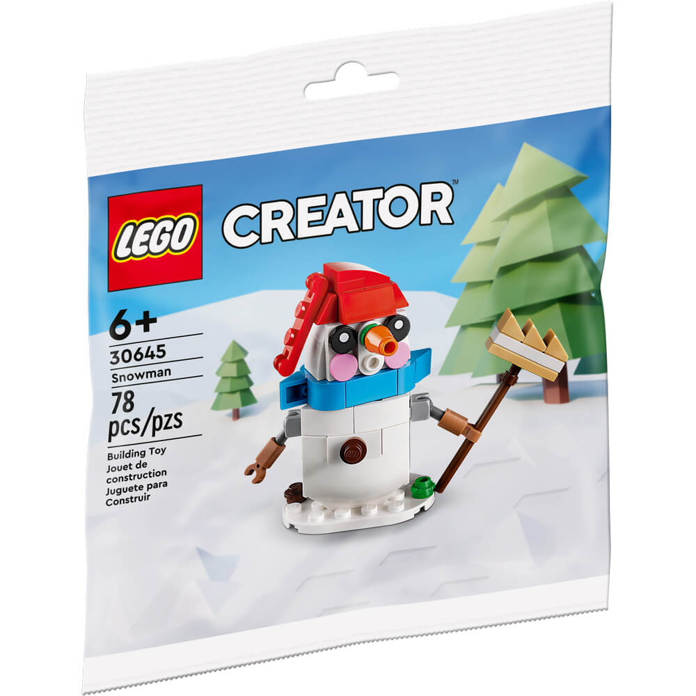 LEGO® Creator Snowman 78 Piece Building Set - Front of the recruitment bag, featuring the snowman with a red had and blue scarf.
