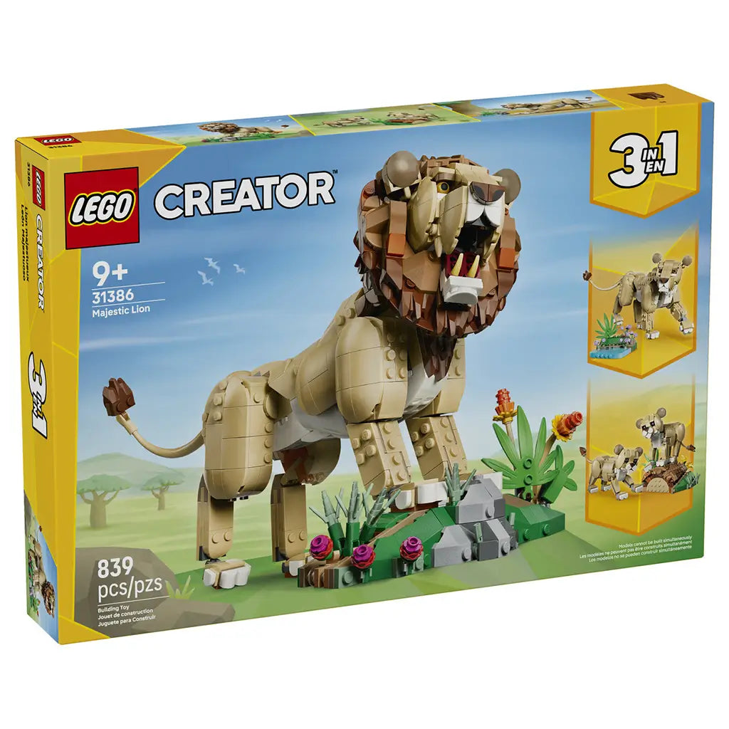 LEGO Creator Majestic Lion 31386 box in yellow and blue, showing the 839-piece tan lion with brown mane, green habitat and two alternate 3-in-1 wild animal builds.