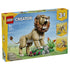 LEGO Creator Majestic Lion 31386 box in yellow and blue, showing the 839-piece tan lion with brown mane, green habitat and two alternate 3-in-1 wild animal builds.