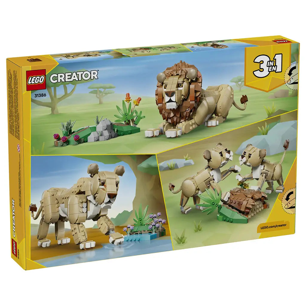 LEGO Creator Majestic Lion 31386 package back in yellow and blue, showing the tan lion with brown mane plus alternate lioness and cub 3-in-1 animal builds.