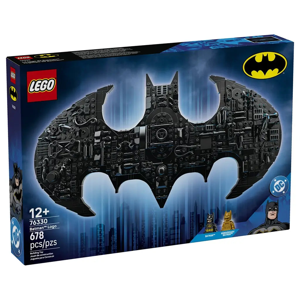 LEGO Batman logo box in blue and black cardboard, rectangular packaging showing black bat-shaped model and minifigures, retail building toy presentation on a graphic cityscape background.