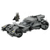 LEGO Batman Batmobile model in dark gray plastic with angular armored design and large rugged tires, detailed superhero car toy displayed with Batman minifigure on a plain white background.