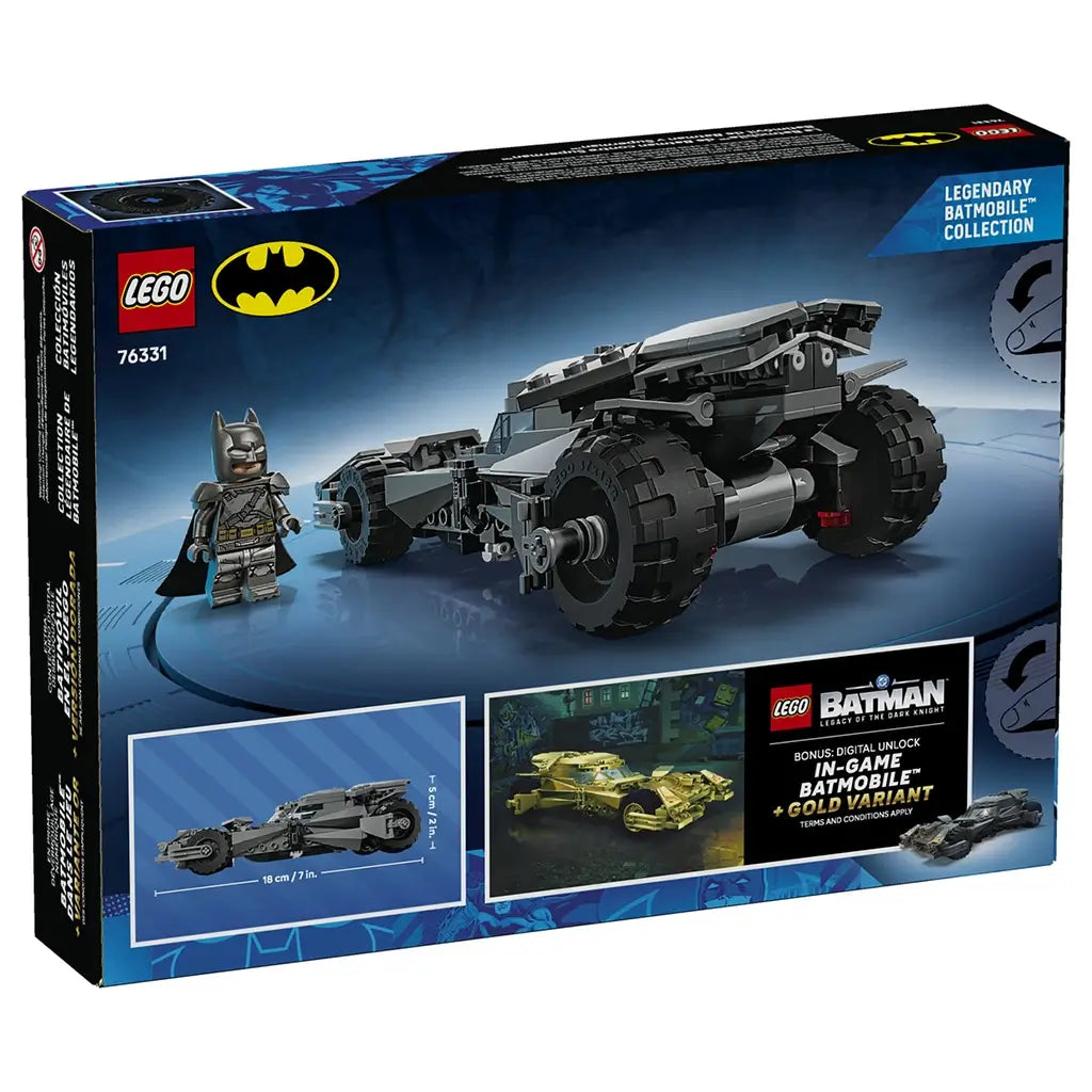 LEGO Batman Batmobile box back in blue and black cardboard, rectangular packaging showing car features and dimensions, product details and images presented on a clean retail display background.