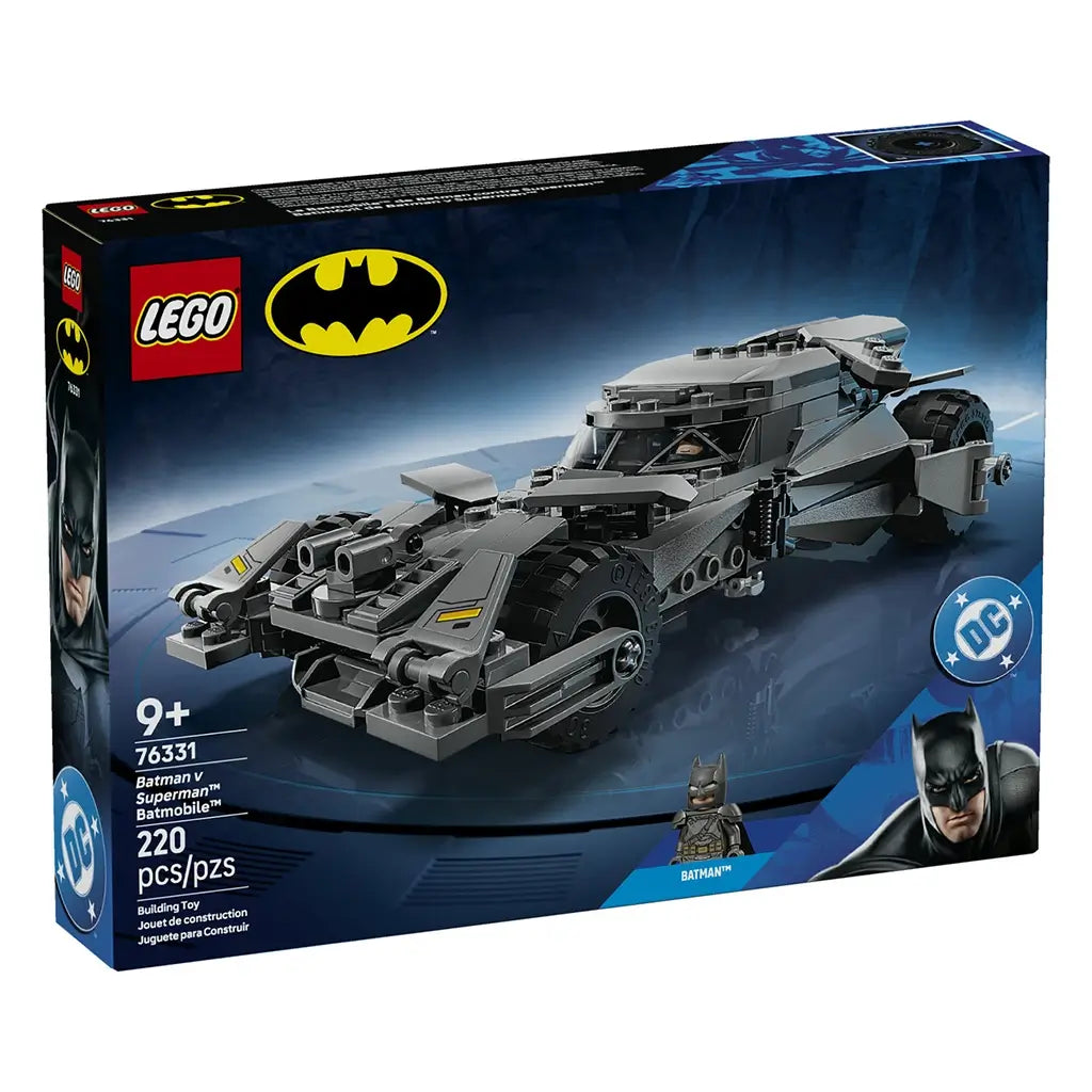 LEGO Batman Batmobile set box in blue and black cardboard with bold graphics, rectangular packaging showing gray armored car and Batman minifigure, retail product display on studio background.