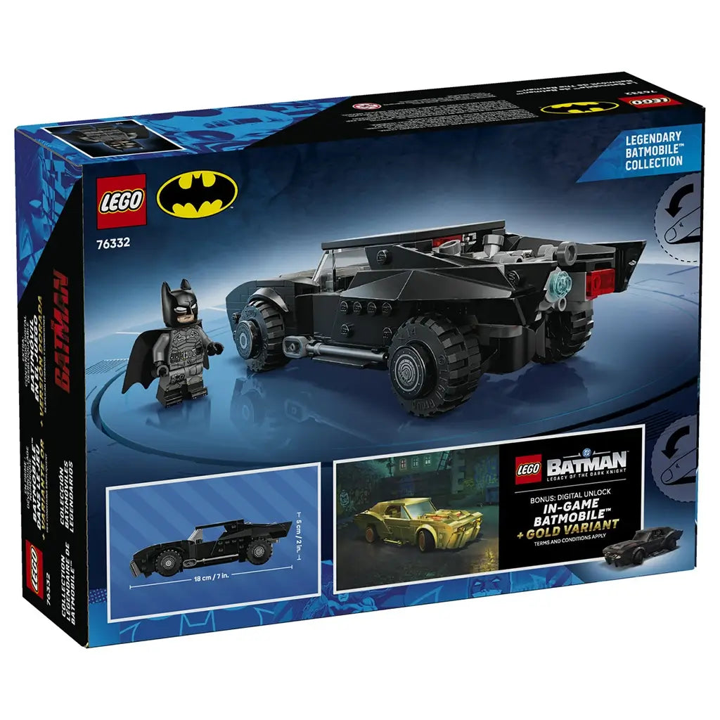 LEGO Batman Batmobile set box back in black and blue cardboard, rectangular packaging showing rear view of model, features, dimensions, and bonus content images on a graphic background.