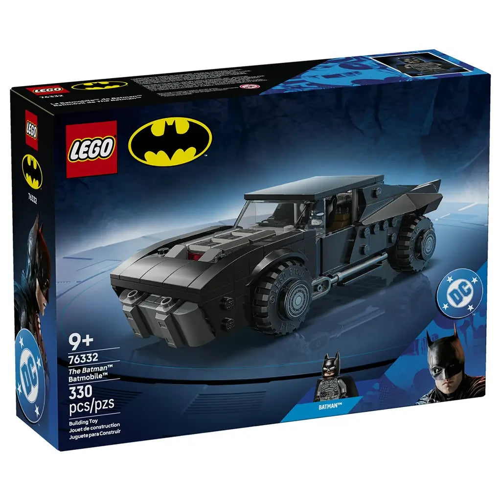 LEGO Batman Batmobile set box in black and blue cardboard packaging with yellow logo accents, rectangular box showing detailed Batmobile model, branding, and product information on a studio background.