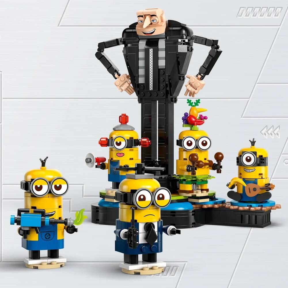 Images of LEGO® Despicable Me Brick-Built Gru and Minions 839 Piece Building Set (75582) with textured gray background