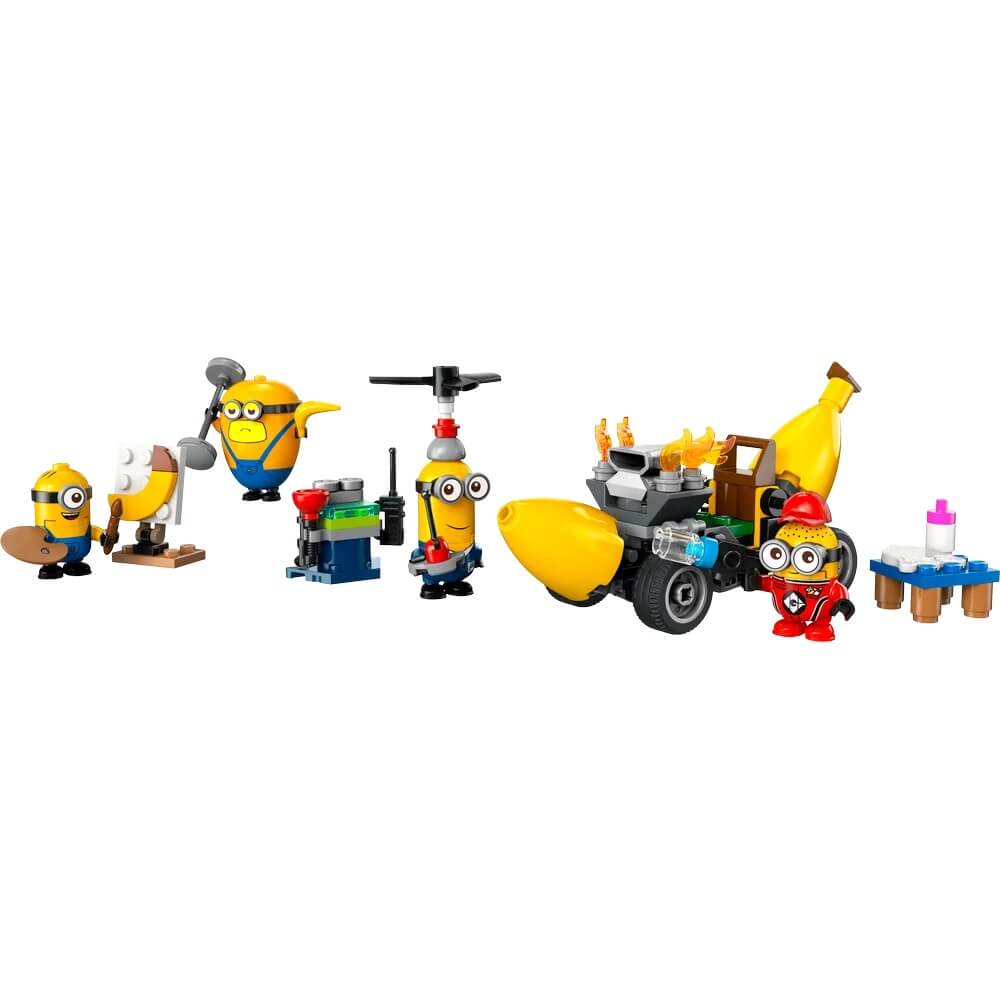 Image of all the contents LEGO® Despicable Me Minions and Banana Car 136 Piece Building Set (75580) on white backkground