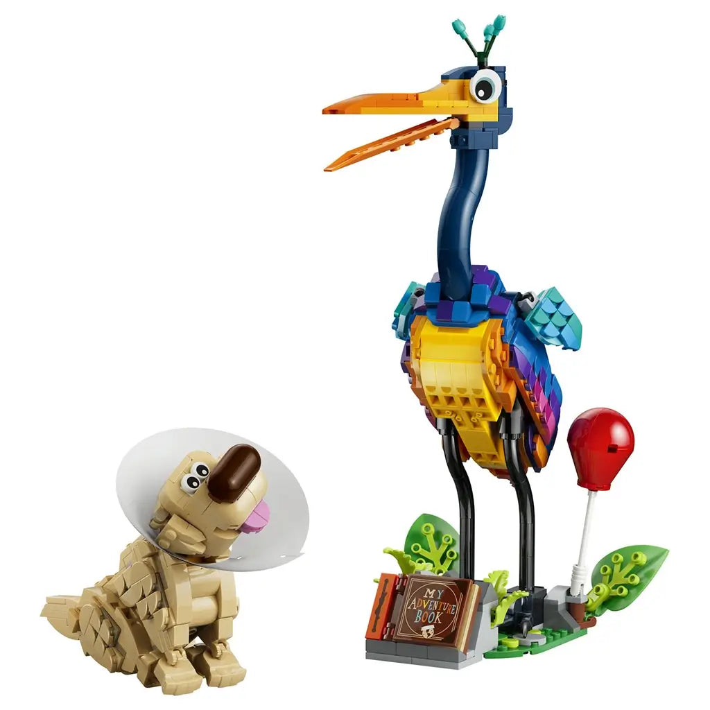 LEGO Disney Pixar Up Kevin and Dug figures in bright multicolor plastic, tall bird with long beak and small dog with cone collar, collectible display toy on a clean white background.