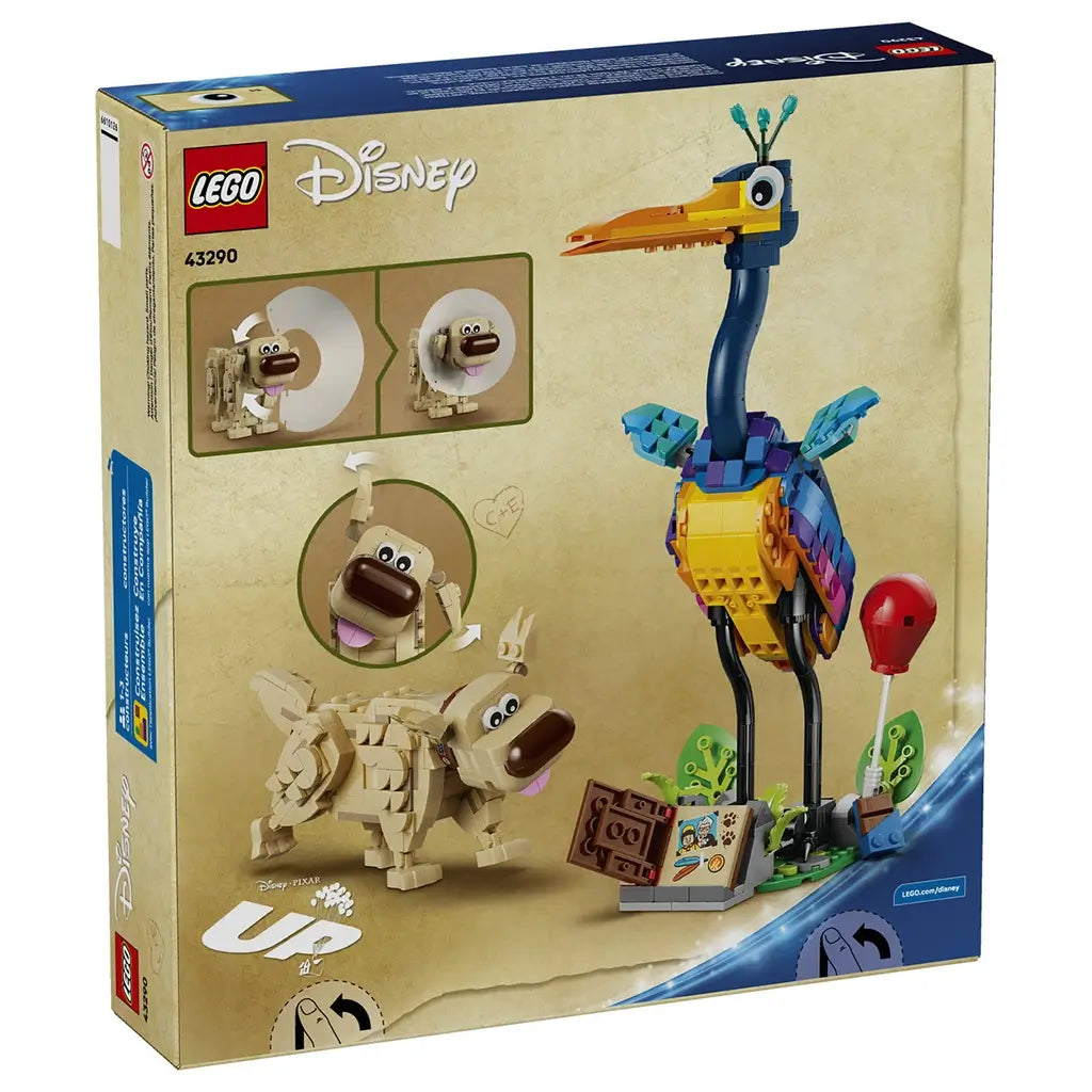 LEGO Disney Pixar Up set packaging back in beige and blue cardboard, box showing build features, character articulation, and play functions for Kevin bird and Dug dog on illustrated background.
