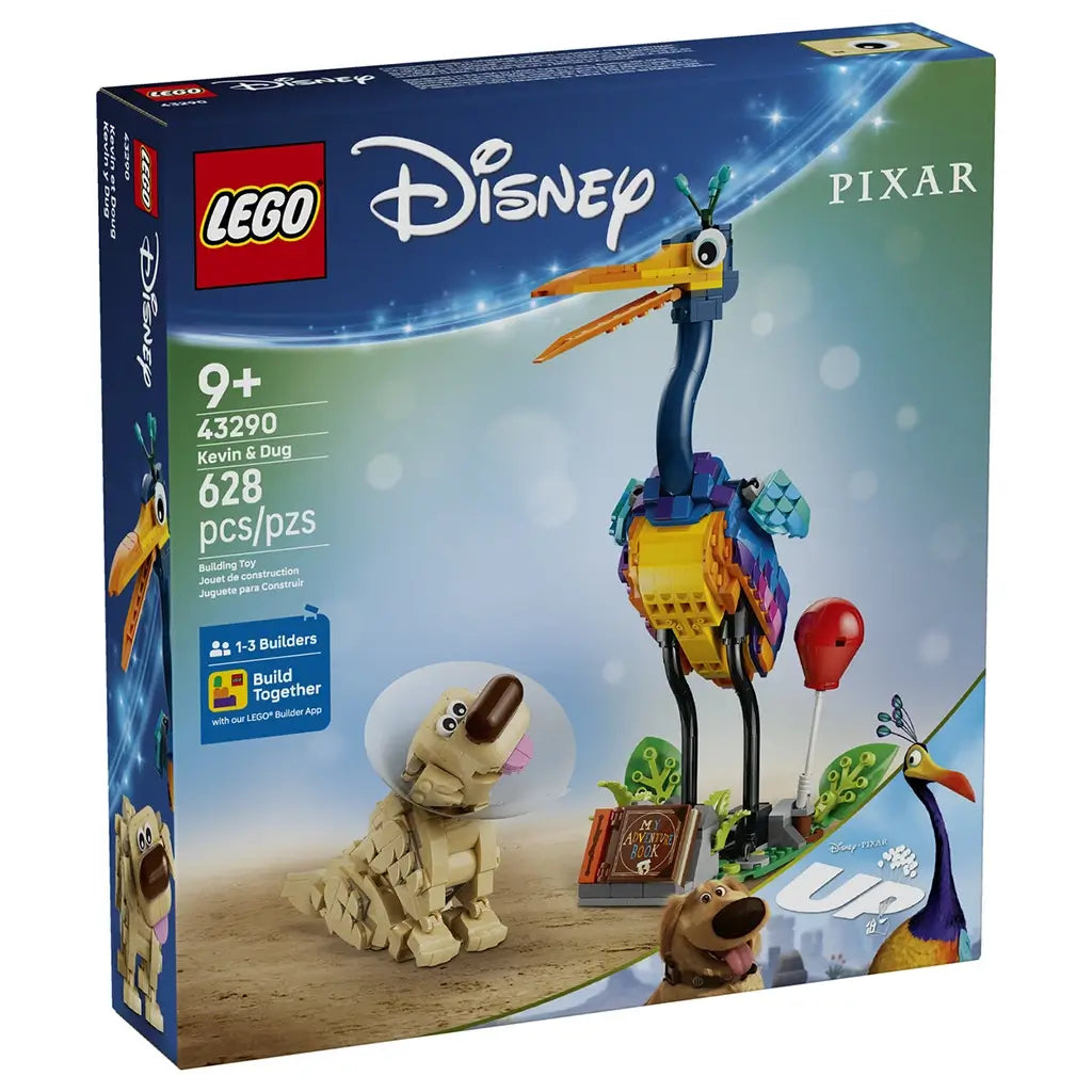 LEGO Disney Pixar Up Kevin and Dug set box in blue and green cardboard, retail packaging showing colorful bird Kevin and dog Dug figures, construction toy theme displayed on a soft sky background.