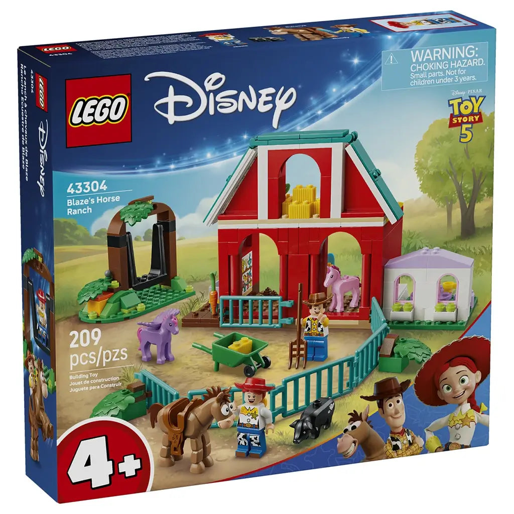 LEGO Disney Toy Story Blaze’s Horse Ranch building kit features branded blue packaging with colorful ranch artwork, character figures, animals and farm-themed play elements on the box front.