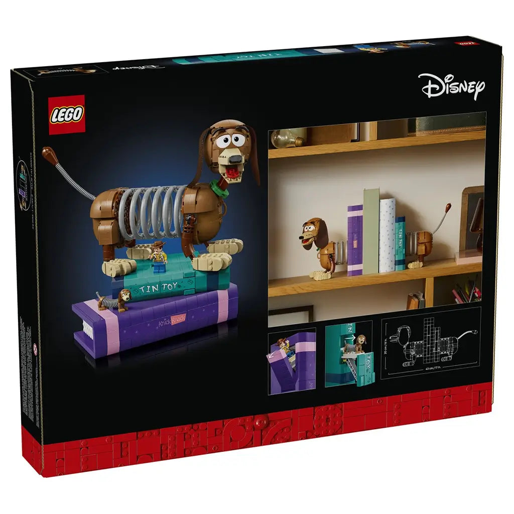 LEGO Disney Pixar Toy Story Slinky Dog Bookends package back displays branded retail artwork, build functions, display ideas, dimensions and decorative bookend features against a dark background.
