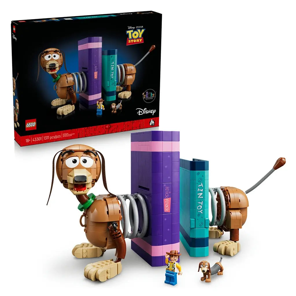 LEGO Disney Pixar Toy Story Slinky Dog Bookends set features brown, tan, purple and teal plastic construction elements forming decorative bookends with character figures on a clean studio background.