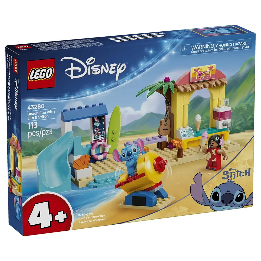 LEGO Disney Beach Fun with Lilo & Stitch 43280 box shows the colorful 113-piece beach playset with blue slide, yellow ice cream stand, plane ride, and figures.