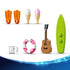 LEGO Disney beach accessories in orange, white, pink, brown, green, and clear plastic include flippers, ice cream cones, a life ring, guitar, cup, and surfboard.