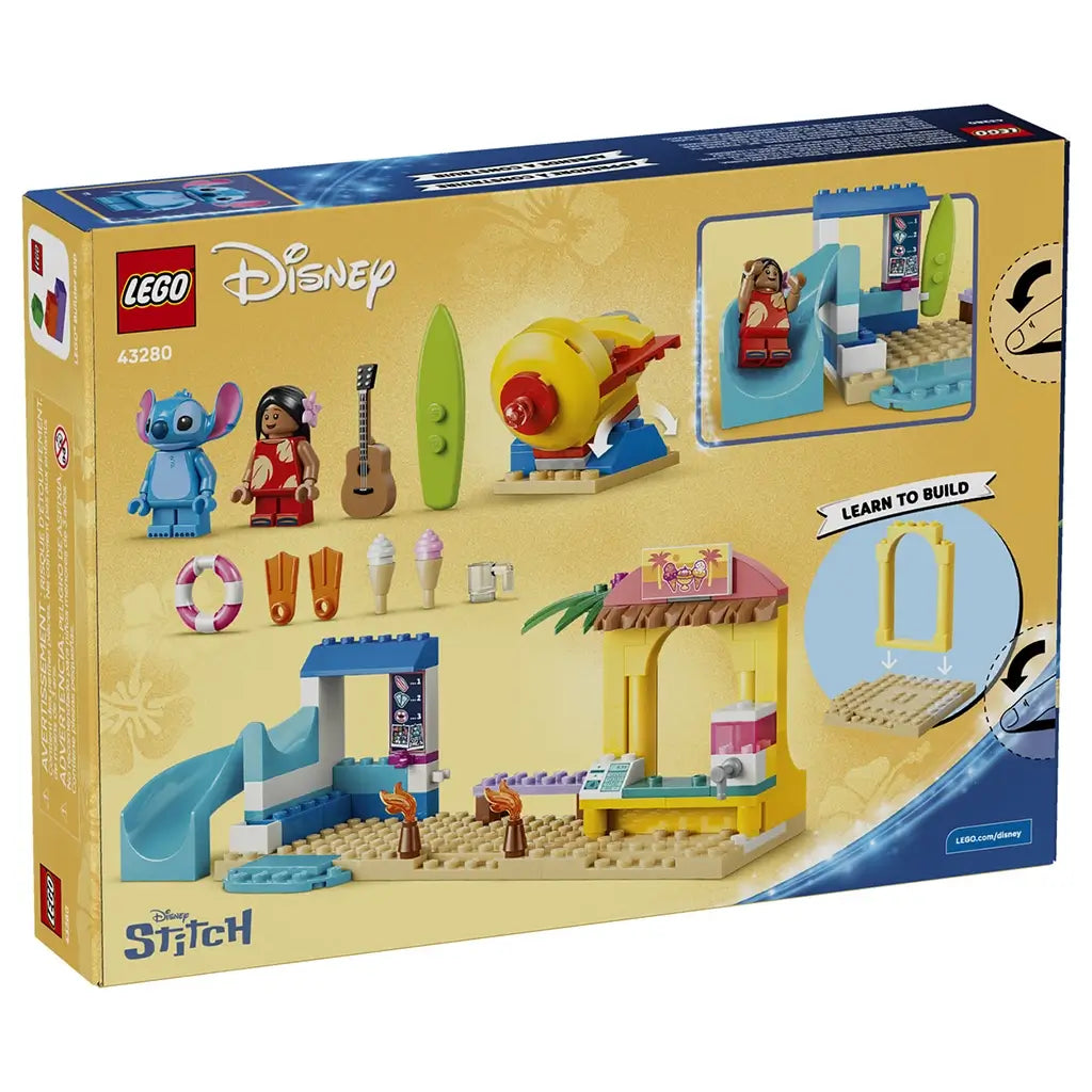 LEGO Disney Beach Fun with Lilo & Stitch 43280 package back shows blue, yellow, tan, and pink plastic builds, character figures, accessories, and build features.