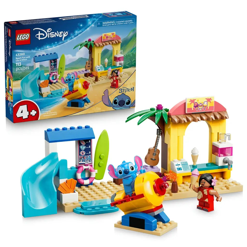 LEGO Disney Beach Fun with Lilo & Stitch 43280 set in blue, yellow, tan, and pink plastic is displayed with its box, beach stand, slide, plane ride, and figures.