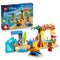 LEGO Disney Beach Fun with Lilo & Stitch 43280 set in blue, yellow, tan, and pink plastic is displayed with its box, beach stand, slide, plane ride, and figures.