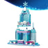 LEGO Disney Frozen ice castle structure shown separated in icy blue translucent plastic, geometric tower sections with balcony and crystal spires, illustrating modular build steps for Elsa’s Ice Castle on a white studio background.
