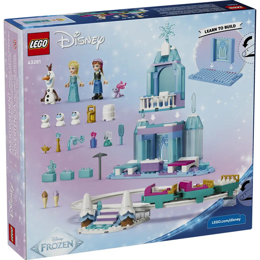 LEGO Disney Frozen Elsa’s Ice Castle & Snow Ride Adventure back-of-box packaging, blue cardboard panel showing included minifigures, accessories, modular castle build steps, and track layout on a pastel background.