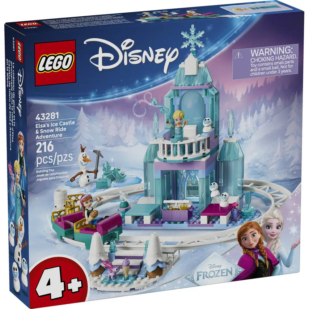 LEGO Disney Frozen Elsa’s Ice Castle & Snow Ride Adventure box in blue cardboard, rectangular retail packaging showing the icy castle playset, Elsa, Anna, Olaf figures, and snowy background artwork on the front.