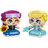 LEGO Disney Frozen Mini Anna and Elsa figures featuring smooth plastic mini-doll bodies, rounded cartoon-style heads, bright facial expressions, Anna with purple hat and sunflower, and Elsa in a light blue dress holding icy accessories on a white background.