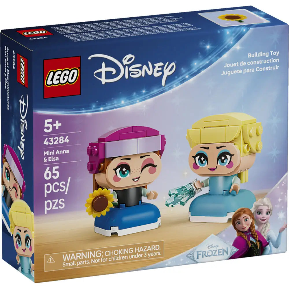 LEGO Disney Frozen Mini Anna and Elsa box showing the two stylized mini figures, Anna holding a sunflower and Elsa with icy elements, 5+ age marking, piece count, and official LEGO Disney branding.